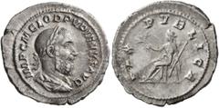 Roman Imperial Pupienus, 238. Denarius (Silver, 22 mm, 2.83 g, 1 h), Rome, 238. IMP C M CLOD PVPIENVS AVG Laureate, draped and cuirassed bust of Pupienus to right, seen from behind. Rev. PAX PVBLICA P