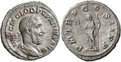 Roman Imperial Pupienus, 238. Denarius (Silver, 20 mm, 2.89 g, 5 h), Rome, 238. IMP C M CLOD PVPIENVS AVG Laureate, draped and cuirassed bust of Pupienus to right, seen from behind. Rev. P M TR P COS 