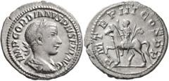Roman Imperial Gordian III, 238-244. Denarius (Silver, 21 mm, 3.23 g, 4 h), Rome, 240. IMP GORDIANVS PIVS FEL AVG Laureate, draped and cuirassed bust of Gordian III to right. Rev. P M TR P III COS P P