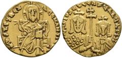 Byzantine Basil I the Macedonian, with Constantine, 867-886. Solidus (Gold, 19 mm, 4.21 g, 6 h), Constantinopolis, circa 871-886. IhS XRS REX REGNANTIUM* Christ, nimbate, seated facing, wearing chiton