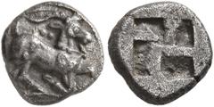 Greek THRACO-MACEDONIAN REGION. Uncertain. Circa 480-450 BC. Trihemiobol (Silver, 9 mm, 0.93 g). He-goat in running/kneeling position to right; above, two pellets. Rev. Quadripartite incuse square. SN