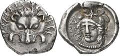 Greek DYNASTS OF LYCIA. Vekhssere II, circa 410-390/80 BC. 1/3 Stater (Silver, 17 mm, 3.07 g, 11 h), Zagaba mint. Facing lion scalp. Rev. 𐊈𐊀𐊜𐊀𐊂𐊀𐊛𐊀 ('Zagabaha' in Lycian) Head of Athena facing,