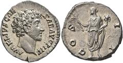 Roman Imperial Marcus Aurelius, as Caesar, 139-161. Denarius (Silver, 18 mm, 3.56 g, 1 h), Rome, 145-147. AVRELIVS CAESAR AVG PII F Bare head of Marcus Aurelius to right. Rev. COS II Honos, togate, st