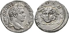 Roman Imperial Caracalla, 198-217. Denarius (Silver, 18 mm, 3.17 g, 5 h), Rome, 207-208. ANTONINVS PIVS AVG Laureate head of Caracalla to right. Rev. PR[OV]IDENTIA Winged head of Medusa facing slightl