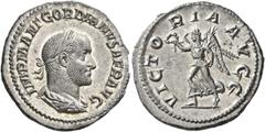 Roman Imperial Gordian II, 238. Denarius (Silver, 20 mm, 3.08 g, 9 h), Rome, March-April 238. IMP M ANT GORDIANVS AFR AVG Laureate, draped and cuirassed bust of Gordian II to right, seen from behind. 
