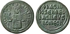 Byzantine Basil I the Macedonian, 867-886. Follis (Bronze, 27 mm, 8.37 g, 7 h), Constantinopolis, 879-886. +bASILIOS bASILЄVS✱ Basil, crowned, enthroned facing, wearing loros, holding akakia in his ri