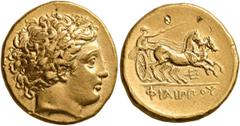 Greek KINGS OF MACEDON. Philip II, 359-336 BC. Stater (Gold, 19 mm, 8.56 g, 11 h), Pella, struck under Philip II or Alexander III, circa 340-328. Laureate head of Apollo to right. Rev. ΦΙΛΙΠΠOY Chario