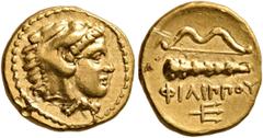Greek KINGS OF MACEDON. Philip II, 359-336 BC. 1/4 Stater (Gold, 12 mm, 2.14 g, 3 h), Pella, struck under Philip II or Alexander III, circa 340-328. Head of Herakles to right, wearing lion skin headdr