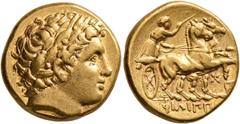Greek KINGS OF MACEDON. Philip II, 359-336 BC. Stater (Gold, 17 mm, 8.54 g, 10 h), Abydos, struck by Leonnatos, Arrhidaios, or Antigonos I Monophthalmos, circa 323-319. Laureate head of Apollo to righ