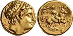 Greek KINGS OF MACEDON. Demetrios I Poliorketes, 306-283 BC. Stater (Gold, 18 mm, 8.56 g, 11 h), uncertain mint on Euboea (?), after circa 290. Diademed and horned head of Demetrios I to right. Rev. B