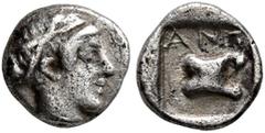 Greek TROAS. Antandros. Late 5th century BC. Tetartemorion (Silver, 6 mm, 0.31 g, 10 h). Head of Artemis Astyrene to right, hair bound with fillet. Rev. ANT Astragalos; all within incuse square. CNG E