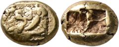 Greek KINGS OF LYDIA. Alyattes II, circa 610-560 BC. Hekte (Electrum, 10 mm, 2.30 g), “branch” mint. Confronted lion heads (only the left-facing clearly visible). Rev. Two incuse square punches. SNG K