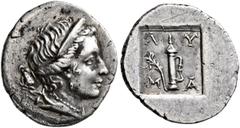 Greek LYCIA. Masikytes . 1st century BC. (Silver, 13 mm, 0.95 g, 1 h). Diademed and draped bust of Artemis to right, bow and quiver over her shoulder. Rev. Λ-Y / M-A Quiver; to left, branch; all withi