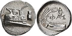 Greek LYCIA. Phaselis. 4th century BC. Stater (Silver, 23 mm, 10.40 g, 11 h). Prow to right; fighting platform decorated with facing Gorgoneion; to right, cicada. Rev. ΦAΣ Stern to left; above, Nike f