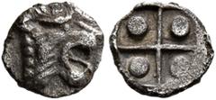 Greek ASIA MINOR. Uncertain. 5th century BC. Tetartemorion (Silver, 6 mm, 0.15 g). Head of a roaring lion to right. Rev. Quadripartite incuse square with a pellet in each square. Naumann 6 (2013), 90 