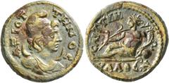 Roman Provincial LYDIA. Saitta. Pseudo-autonomous issue . Hemiassarion (Orichalcum, 21 mm, 5.52 g, 6 h), time of the Severans, 193-235 AD. AZIOTTHNOC Draped bust of Mên Aziottenos to right, wearing Ph