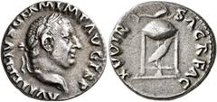 Roman Imperial Vitellius, 69. Denarius (Silver, 17 mm, 3.49 g, 6 h), Rome. A VITELLIVS GERM IMP AVG TR P Laureate head of Vitellius to right. Rev. XV VIR SACR FAC Tripod with covered vessel; above, do