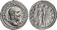 Roman Imperial Pupienus, 238. Denarius (Silver, 21 mm, 3.32 g, 6 h), Rome, circa April-June 238. IMP C M CLOD PVPIENVS AVG Laureate, draped and cuirassed bust of Pupienus to right, seen from behind. R