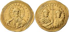Byzantine Basil II Bulgaroktonos, with Constantine VIII, 976-1025. Histamenon (Gold, 26 mm, 4.42 g, 7 h), Constantinopolis, circa 1005-1025. +IҺS XIS REX REGNANTIҺm Bust of Christ Pantocrator facing; 