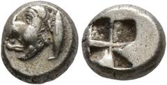 Greek MYSIA. Kyzikos. Circa 550-500 BC. Hemihekte – 1/12 Stater (Electrum, 8 mm, 1.15 g). Forepart of a winged lioness to left; to right, tunny. Rev. Quadripartite incuse square. Roma E-Sale 26 (2016)