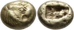 Greek KINGS OF LYDIA. Alyattes II to Kroisos, circa 610-546 BC. Trite (Electrum, 12 mm, 4.72 g), Sardes. Head of a lion with sun and rays on its forehead to right. Rev. Two incuse squares, one larger 