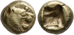 Greek KINGS OF LYDIA. Alyattes II to Kroisos, circa 610-546 BC. Hemihekte – 1/12 Stater (Electrum, 7 mm, 1.18 g), Sardes. Head of a lion with sun and rays on its forehead to right. Rev. Incuse square 