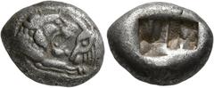 Greek KINGS OF LYDIA. Kroisos, circa 560-546 BC. Siglos (Silver, 16 mm, 5.28 g), Sardes. Confronted foreparts of a lion and a bull. Rev. Two incuse squares, one larger than the other. Rosen 663. SNG K