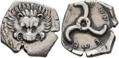 Greek DYNASTS OF LYCIA. Trbbenimi, circa 390-370 BC. 1/3 Stater (Silver, 18 mm, 3.14 g). Facing lion's scalp. Rev. [𐊗𐊕]𐊂-𐊂𐊙𐊏-𐊆𐊎𐊆 ('Trbbãnimi' in Lycian) Triskeles. BMC 147. Müseler VIII, 24-2