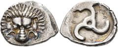 Greek DYNASTS OF LYCIA. Perikles, circa 380-360 BC. 1/3 Stater (Silver, 18 mm, 2.78 g), Limyra. Facing lion's scalp. Rev. 𐊓𐊁-𐊕𐊆-𐊋𐊍𐊁 ('Perikle' in Lycian) Triskeles. BMC 157 var. Müseler VIII, 4