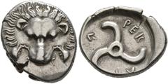 Greek DYNASTS OF LYCIA. Perikles, circa 380-360 BC. 1/3 Stater (Silver, 14-17 mm, 3.04 g). Facing lion's scalp. Rev. [𐊓]𐊁-𐊕𐊆𐊋-𐊍𐊁 ('Perikle' in Lycian) Triskeles. BMC 157 var. (legend arrangemen