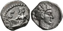 Greek CILICIA. Tarsos. Tiribazos, satrap of Lydia, 388-380 BC. Obol (Silver, 9 mm, 0.79 g, 9 h). Female kneeling left, casting astragaloi. Rev. Head of a young male to right. Casabonne K2. SNG Levante