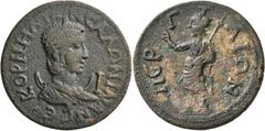 Roman Provincial PAMPHYLIA. Perge. Salonina, Augusta, 254-268. 10 Assaria (Bronze, 31 mm, 16.97 g, 6 h). KOPNHΛIA CAΛΩNINA CЄ Diademed and draped bust of Salonina set on crescent to right; before, I. 
