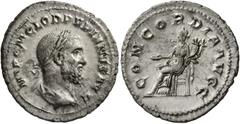 Roman Imperial Pupienus, 238. Denarius (Silver, 21 mm, 2.66 g, 8 h), Rome. IMP C M CLOD PVPIENVS AVG Laureate, draped and cuirassed bust of Pupienus to right, seen from behind. Rev. CONCORDIA AVGG Con