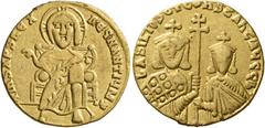 Byzantine Basil I the Macedonian, with Constantine, 867-886. Solidus (Gold, 19 mm, 4.33 g, 7 h), Constantinopolis, circa 871-886. IҺS XRS RЄX RЄGNANTIЧM✱ Christ, nimbate, seated facing, wearing chiton
