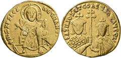 Byzantine Basil I the Macedonian, with Constantine, 867-886. Solidus (Gold, 20 mm, 4.37 g, 6 h), Constantinopolis, circa 871-886. IҺS XRS RЄX RЄGNANTIЧM✱ Christ, nimbate, seated facing, wearing chiton