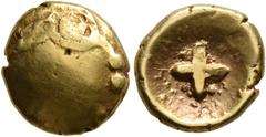 Greek CELTIC, Central Europe. Vindelici. 1st century BC. 1/4 Stater (Gold, 10 mm, 1.89 g), 'Regenbogenschüsselchen', 'Stern' type. Male head with a large eye to right. Rev. Cross with dots of various 