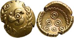 Greek CELTIC, Central Europe. Uncertain tribe. Early 1st century BC. Stater (Gold, 19 mm, 7.22 g, 10 h), 'Mardorf' type. Triskeles within a wreath formed of two branches with seven leaves going in opp