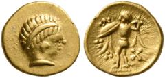 Greek CELTIC, Central Europe. Boii. 2nd century BC. 1/24 Stater (Gold, 7 mm, 0.35 g, 12 h), early Athena-Alkis-series. Laureate male head to right. Rev. Athena Alkis standing left, brandishing spear w