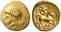 Greek CELTIC, Central Europe. Boii. 2nd century BC. 1/24 Stater (Gold, 6 mm, 0.35 g, 1 h). Male head to left. Rev. Horse prancing right with three-whirled ornament above; triangle before and below hor