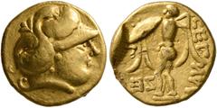 Greek CELTIC, Central Europe. Boii. 2nd century BC. 1/3 Stater (Gold, 12 mm, 2.78 g, 11 h), early Athena-Alkis-series. Helmeted head of Athena to right. Rev. CEΓNVV; to lower left, ZE Athena Alkis sta