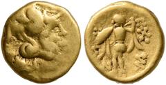 Greek CELTIC, Central Europe. Boii. 2nd century BC. 1/8 Stater (Gold, 8 mm, 1.03 g, 1 h), early Athena-Alkis-series. Head of Athena to right, wearing crested Corinthian helmet. Rev. Athena Alkis stand