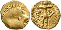 Greek CELTIC, Central Europe. Boii. Late 2nd-early 1st century BC. 1/8 Stater (Gold, 9 mm, 0.90 g), Athena-Alkis-series, 'Neubau' type. Irregular bulge with five edges and radiating lines around; in o