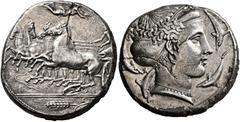 Greek SICILY. Syracuse. Dionysios I, 405-367 BC. Tetradrachm (Silver, 26 mm, 16.82 g, 3 h), signed by K..., circa 405-400. Charioteer driving quadriga galloping to left, holding the reins of three of 