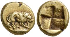 Greek MYSIA. Kyzikos. Circa 500-450 BC. 1/24 Stater (Electrum, 7 mm, 0.67 g). Lion to right, gnawing on leg of prey; below, tunny to right. Rev. Quadripartite incuse square. Hurter & Liewald I, 177. S