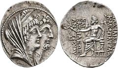 Greek SELEUKID KINGS OF SYRIA. Cleopatra Thea & Antiochos VIII, 126/5-121/0 BC. Tetradrachm (Silver, 32 mm, 16.52 g, 12 h), Antiochia on the Orontes, circa 122-121. Jugate busts of Kleopatra Thea, dia