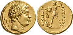 Oriental Greek BAKTRIA, Greco-Baktrian Kingdom. Diodotos I, circa 255-235 BC. Stater (Gold, 17 mm, 8.26 g, 7 h), in the name of the Seleukid King Antiochos II (?), mint A (near Aï Khanoum), circa 255-