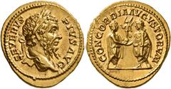 Roman Imperial Septimius Severus, 193-211. Aureus (Gold, 21 mm, 7.27 g, 12 h), Rome, 209. SEVERVS PIVS AVG Laureate head of Septimius Severus to right. Rev. CONCORDIA AVGVSTORVM Caracalla and Geta, bo