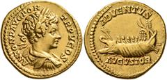 Roman Imperial Caracalla, 198-217. Aureus (Gold, 20 mm, 7.22 g, 12 h), Rome, 202. ANTON P AVG PON TR P V COS Laureate, draped and cuirassed bust of Caracalla to right, seen from behind. Rev. ADVENTVS 