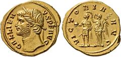 Roman Imperial Gallienus, 253-268. Heavy Aureus (Gold, 21 mm, 6.10 g, 6 h), Rome, 265 or 266. GALLIENVS P F AVG Head of Gallienus to left, looking slightly up and wearing wreath of grain leaves. Rev. 