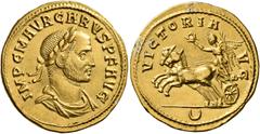Roman Imperial Carus, 282-283. Aureus (Gold, 20 mm, 4.64 g, 6 h), Cyzicus, early 283. IMP C M AVR CARVS P F AVG Laureate, draped and cuirassed bust of Carus to right. Rev. VICTORI AVG Victory driving 